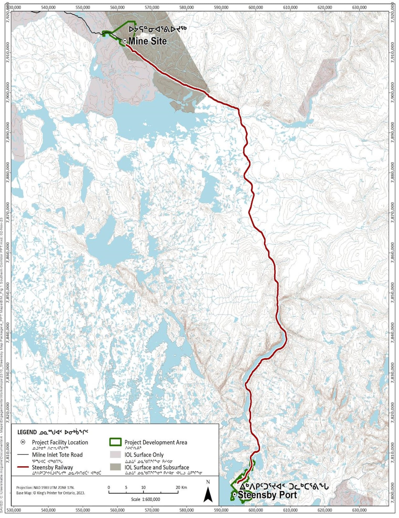 Map illustrating the Steensby Railway, highlighting the 149-km route from the Mary River Mine to Steensby Port, the Tote Road to Milne Port, and the Key Development Area at Steensby Port.